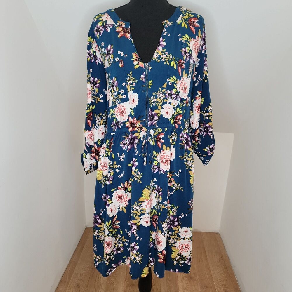 Torrid Dress Womens 2 2X Blue Floral Long Sleeve Roll Tab Midi Boho Fall Photo